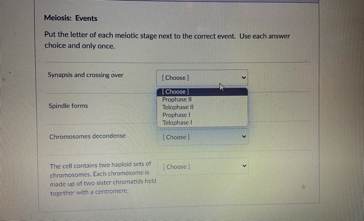 Meiosis: Events
Put the letter of each meiotic stage next to the correct event. Use each answer
choice and only once.
Synapsis and crossing over
[Choose ]
[Choose]
Prophase I
Telophase II
Prophase I
Telophase I
Spindle forms
Chromosomes decondense
[Choose ]
The cell contains two haploid sets of
[Choose]
chromosomes. Each chromosome is
made up of two sister chromatids held
together with a centromere.
