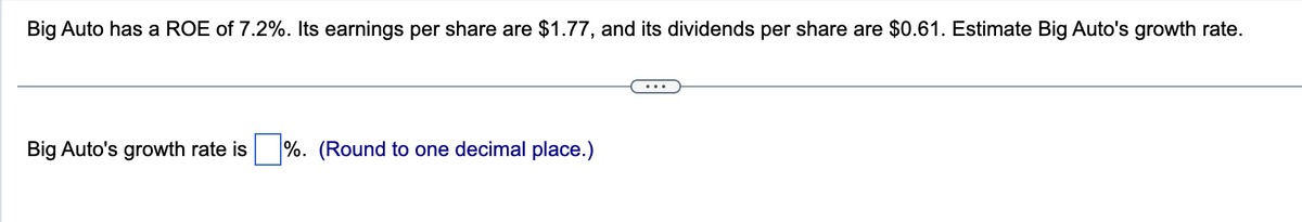 Big Auto has a ROE of 7.2%. Its earnings per share are $1.77, and its dividends per share are $0.61. Estimate Big Auto's growth rate.
Big Auto's growth rate is%. (Round to one decimal place.)