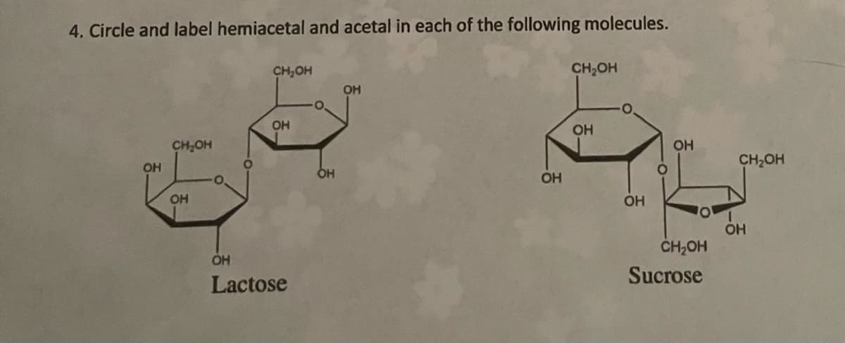 4. Circle and label hemiacetal and acetal in each of the following molecules.
OH
CH OH
ОН
CH₂OH
OH
OH
Lactose
0.
OH
OH
ОН
CH OH
OH
0.
OH
OH
О
CH₂OH
Sucrose
CH2OH
OH
