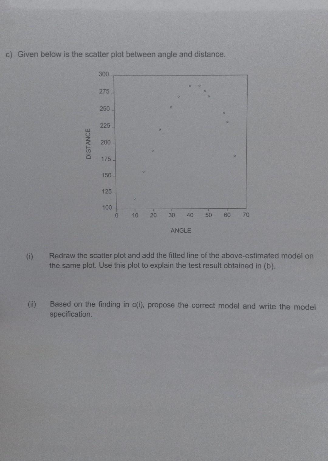 c) Given below is the scatter plot between angle and distance.
300
275
250
225
200-
175-
150.
125
100
10
20
30
40
50
60
70
ANGLE
Redraw the scatter plot and add the fitted line of the above-estimated model on
the same plot. Use this plot to explain the test result obtained in (b).
(i)
Based on the finding in c(i), propose the correct model and write the model
specification.
(ii)
DISTANCE
