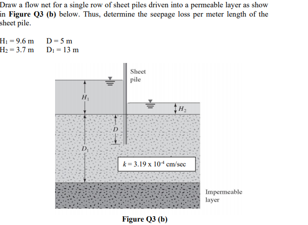 Draw a flow net for a single row of sheet piles driven into a permeable layer as show
in Figure Q3 (b) below. Thus, determine the seepage loss per meter length of the
sheet pile.
D = 5 m
H1 = 9.6 m
H2 = 3.7 m Di = 13 m
Sheet
pile
H
D
k= 3.19 x 104 cm/sec
Impermeable
layer
Figure Q3 (b)

