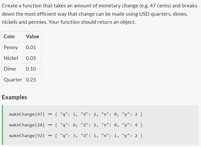 Create a function that takes an amount of monetary change (e.g. 47 cents) and breaks
down the most efficient way that change can be made using USD quarters, dimes,
nickels and pennies. Your function should return an object.
Coin
Penny 0.01
Nickel 0.05
Dime 0.10
Quarter 0.25
Value
Examples
makeChange (47) 1
makeChange (24)
makeChange (92) { "q": 3,
-
{ "q": 1,
{ "q": 0,
"d": 2, "n": 0, "p": 2 }
"d": 2, "n": 0, "p": 4 }
"d": 1,
"n": 1, "p": 2 }