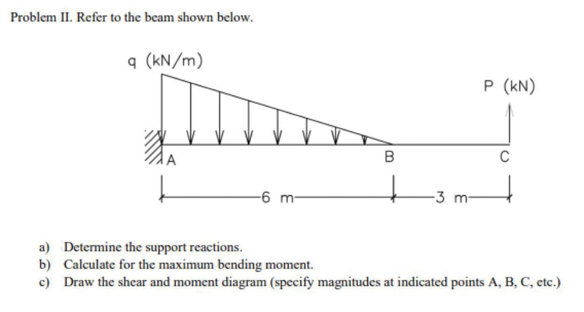 Problem II. Refer to the beam shown below.
q (kN/m)
P (kN)
C
-6 m-
-3 m
a) Determine the support reactions.
b) Calculate for the maximum bending moment.
c) Draw the shear and moment diagram (specify magnitudes at indicated points A, B, C, etc.)
