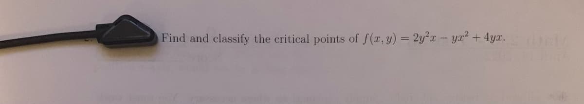 Find and classify the critical points of f(r, y) = 2y²x-ya?+ 4ya.
