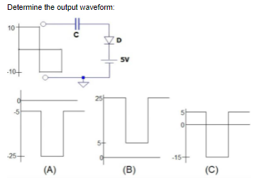 Determine the output waveform:
10
5V
-10+
TUT
-5
25+
-15+
(A)
(B)
(C)

