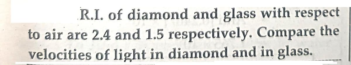R.I. of diamond and glass with respect
Sta
to air are 2.4 and 1.5 respectively. Compare the
velocities of light in diamond and in glass.