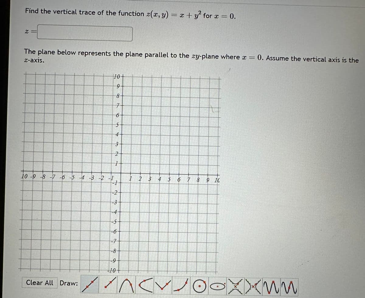 = 0.
Find the vertical trace of the function z(x, y) = x + y² for x =
Z
The plane below represents the plane parallel to the zy-plane where x = 0. Assume the vertical axis is the
z-axis.
10+
و
8
7
6-
5
4
3
2
1
10 -9 -8 -7 -6 -5 4-3-2-I
1 2
3
-2
-3
-4
-5
-6-
-7
-8
و-
4
10+
Clear All Draw:
く
A
6 7 8 9 16
XXMM