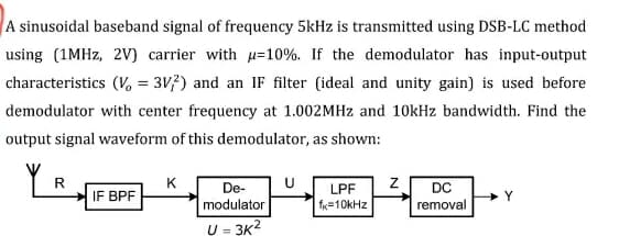 A sinusoidal baseband signal of frequency 5kHz is transmitted using DSB-LC method
using (1MHZ, 2V) carrier with u=10%. If the demodulator has input-output
characteristics (V, = 3V7) and an IF filter (ideal and unity gain) is used before
demodulator with center frequency at 1.002MHZ and 10kHz bandwidth. Find the
output signal waveform of this demodulator, as shown:
R
K
De-
modulator
LPF
DC
IF BPF
fK=10kHz
removal
U = 3K2
