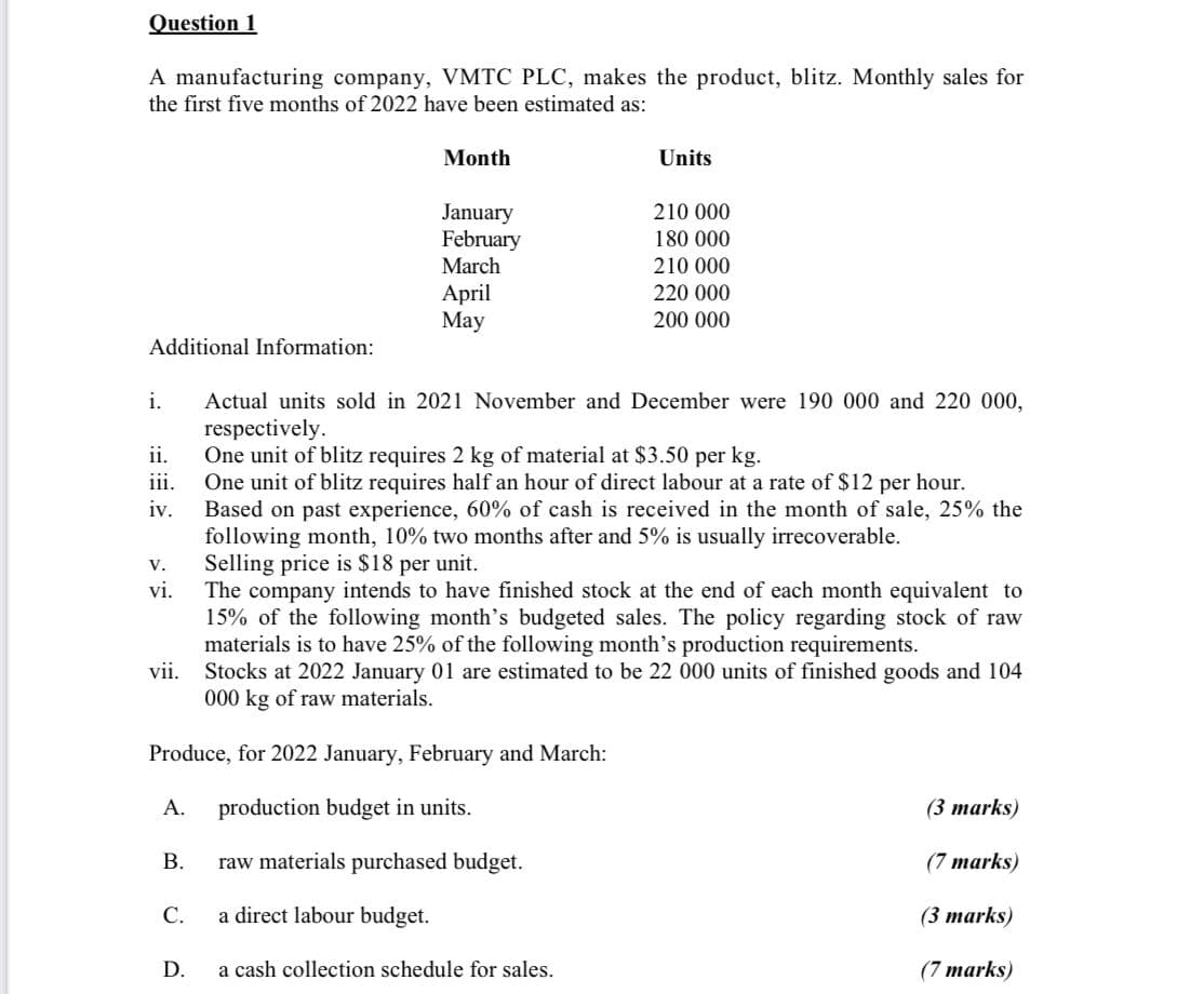 Question 1
A manufacturing company, VMTC PLC, makes the product, blitz. Monthly sales for
the first five months of 2022 have been estimated as:
Month
Units
January
210 000
February
180 000
March
210 000
April
220 000
May
200 000
Additional Information:
i.
Actual units sold in 2021 November and December were 190 000 and 220 000,
respectively.
ii.
One unit of blitz requires 2 kg of material at $3.50 per kg.
iii.
One unit of blitz requires half an hour of direct labour at a rate of $12 per hour.
iv.
Based on past experience, 60% of cash is received in the month of sale, 25% the
following month, 10% two months after and 5% is usually irrecoverable.
V.
Selling price is $18 per unit.
vi.
The company intends to have finished stock at the end of each month equivalent to
15% of the following month's budgeted sales. The policy regarding stock of raw
materials is to have 25% of the following month's production requirements.
vii.
Stocks at 2022 January 01 are estimated to be 22 000 units of finished goods and 104
000 kg of raw materials.
Produce, for 2022 January, February and March:
A. production budget in units.
(3 marks)
B.
raw materials purchased budget.
(7 marks)
C.
a direct labour budget.
(3 marks)
D.
a cash collection schedule for sales.
(7 marks)