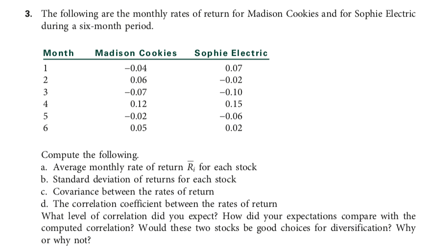 3. The following are the monthly rates of return for Madison Cookies and for Sophie Electric
during a six-month period.
Month
1
2
345WN
6
Madison Cookies
-0.04
0.06
-0.07
0.12
-0.02
0.05
Sophie Electric
0.07
-0.02
-0.10
0.15
-0.06
0.02
Compute the following.
a. Average monthly rate of return R; for each stock
b. Standard deviation of returns for each stock
c. Covariance between the rates of return
d. The correlation coefficient between the rates of return
What level of correlation did you expect? How did your expectations compare with the
computed correlation? Would these two stocks be good choices for diversification? Why
or why not?