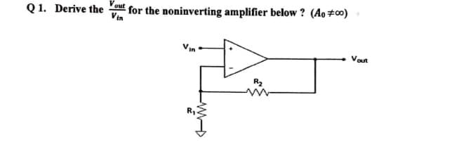 Q1. Derive the out for the noninverting amplifier below? (Ao #00)
Vin
WWW
R₂
Vout