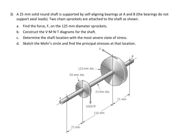 3) A 25 mm solid round shaft is supported by self-aligning bearings at A and B (the bearings do not
support axial loads). Two chain sprockets are attached to the shaft as shown.
a. Find the force, F, on the 125 mm diameter sprockets.
b. Construct the V-M-N-T diagrams for the shaft.
c. Determine the shaft location with the most severe state of stress.
d. Sketch the Mohr's circle and find the principal stresses at that location.
A
125 mm dia.
50-mm dia.
75 mm
25mm dia.
5000 N
150 mm
75 mm