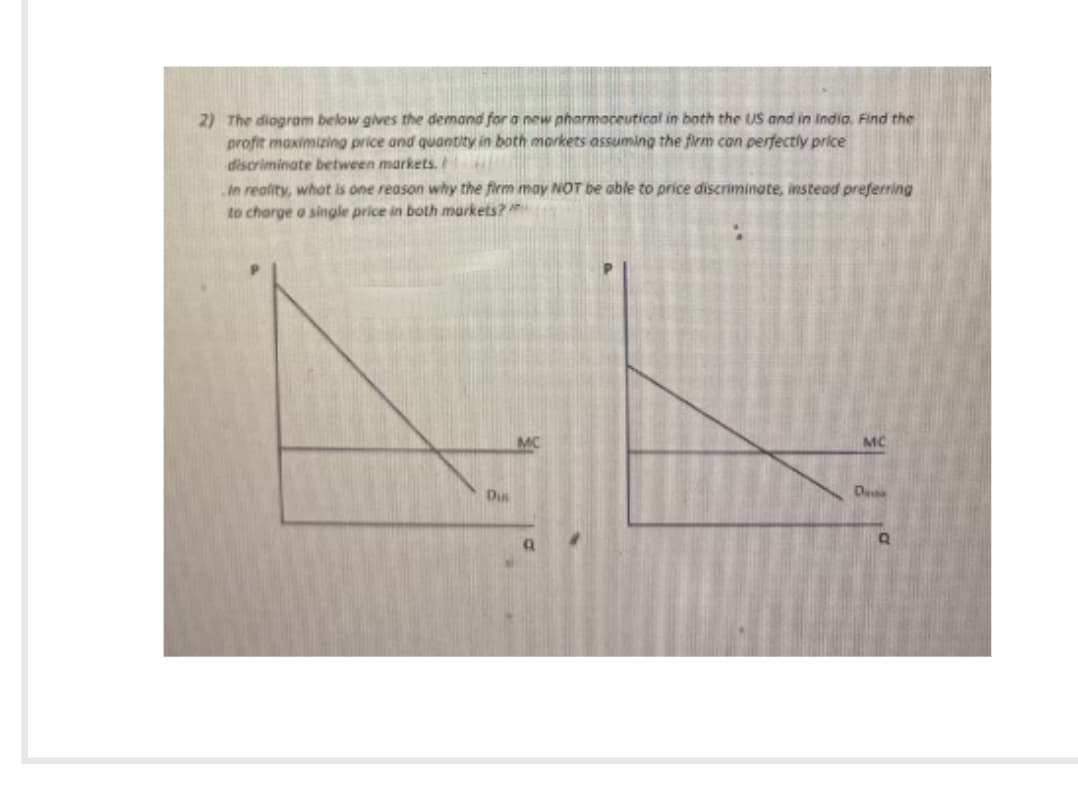 2) The diagram below gives the demand for a new pharmaceutical in both the US and in India. Find the
profit maximizing price and quantity in both markets assuming the firm can perfectly price
discriminate between markets.
In reality, what is one reason why the firm may NOT be able to price discriminate, instead preferring
to charge a single price in both markets?
Dus
MC
MC
Dassa