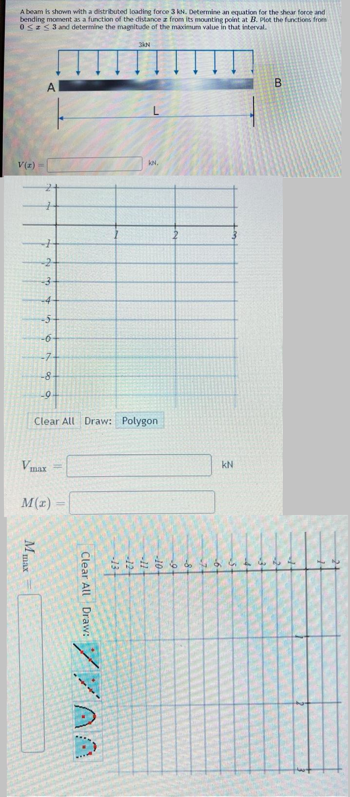 A beam is shown with a distributed loading force 3 kN. Determine an equation for the shear force and
bending moment as a function of the distance from its mounting point at B. Plot the functions from
0 ≤ ≤ 3 and determine the magnitude of the maximum value in that interval.
Ţ
V(x) =
A
1
-1
-2-
-3
-4
-5
-6-
Mmax
-8
-9
Vmax
M(x)
Clear All Draw: Polygon
3kN
Clear All Draw:
L
KN.
2
MIN.
WARNSTOLATING
HANTERINWW
WWW MA
MO
KN
B
[[[[
N