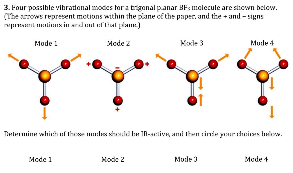 3. Four possible vibrational modes for a trigonal planar BF3 molecule are shown below.
(The arrows represent motions within the plane of the paper, and the + and - signs
represent motions in and out of that plane.)
Mode 1
Mode 2
Mode 1
Mode 3
Determine which of those modes should be IR-active, and then circle your choices below.
Mode 2
Mode 4
Mode 3
Mode 4