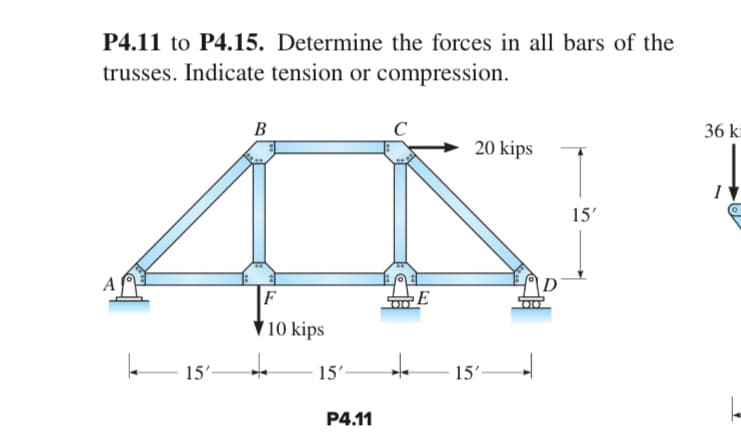 P4.11 to P4.15. Determine the forces in all bars of the
trusses. Indicate tension or compression.
B
C
20 kips
15'-
F
10 kips
E
15'
+
15'
P4.11
15'
36 ki