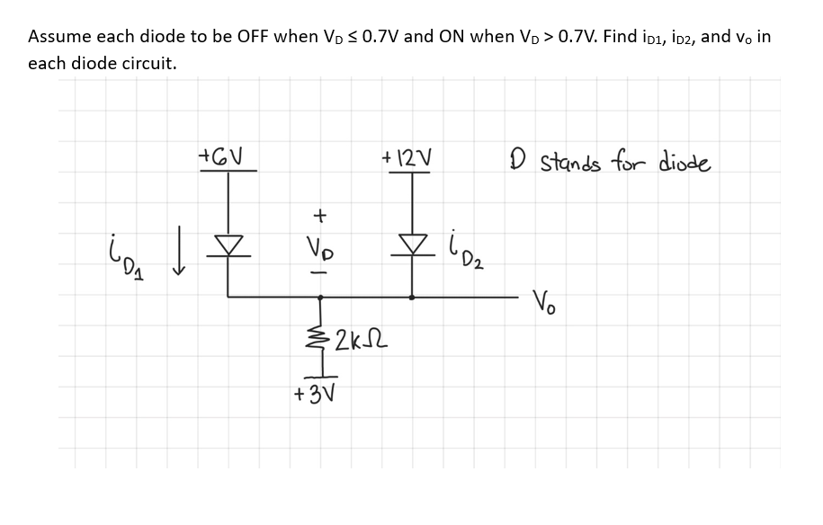 Assume each diode to be OFF when VĎ ≤ 0.7V and ON when VD > 0.7V. Find iD1, D2, and vo in
each diode circuit.
Los
+6V
+
Vp
+12V
-2ks
+3V
立
D2
D Stands for diode
Vo