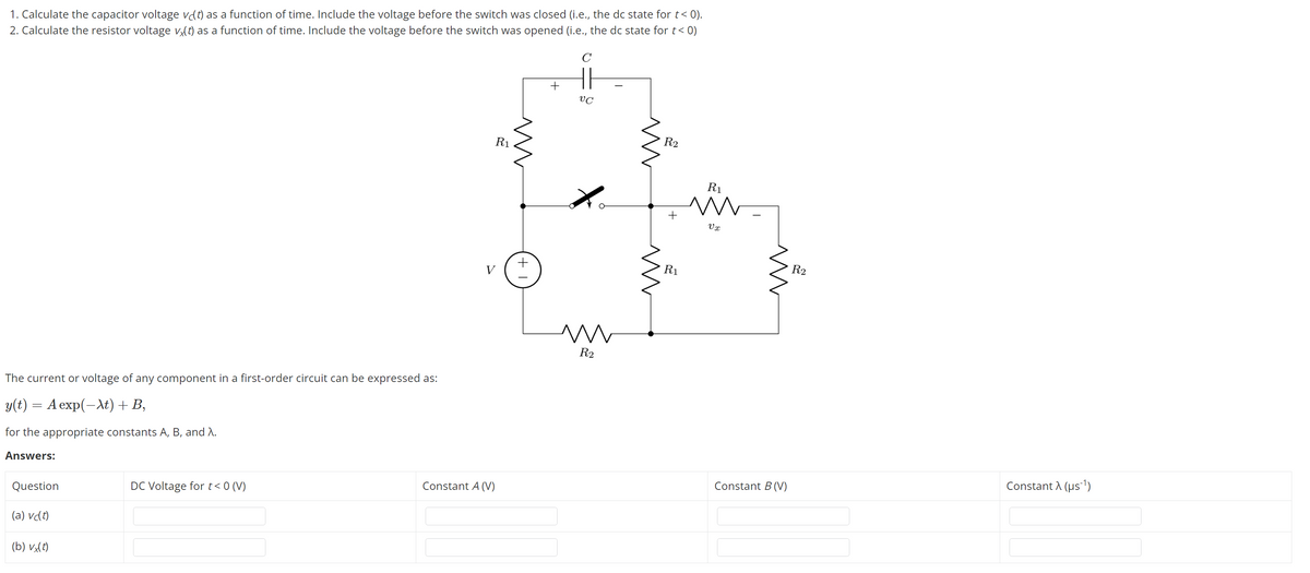 1. Calculate the capacitor voltage vt) as a function of time. Include the voltage before the switch was closed (i.e., the dc state for t < 0).
2. Calculate the resistor voltage vx(t) as a function of time. Include the voltage before the switch was opened (i.e., the dc state for t< 0)
The current or voltage of any component in a first-order circuit can be expressed as:
y(t) = A exp(-xt) + B,
for the appropriate constants A, B, and λ.
Answers:
Question
(a) vc(t)
(b) vx(t)
DC Voltage for t < 0 (V)
R₁
V
Constant A (V)
m
+
+
C
HI
VC
X
m
R2
m
R2
inn
+
R1
R₁
m
Vx
m
Constant B (V)
R2
Constant λ (μs-¹)