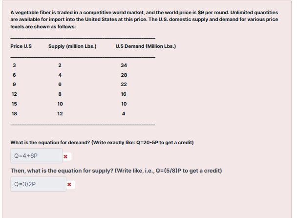 A vegetable fiber is traded in a competitive world market, and the world price is $9 per round. Unlimited quantities
are available for import into the United States at this price. The U.S. domestic supply and demand for various price
levels are shown as follows:
Price U.S
Supply (million Lbs.)
U.S Demand (Million Lbs.)
MGN 100
3
2
34
6
4
28
9
6
22
12
8
16
15
10
10
18
12
4
What is the equation for demand? (Write exactly like: Q=20-5P to get a credit)
Q=4+6P
Then, what is the equation for supply? (Write like, i.e., Q=(5/8)P to get a credit)
Q=3/2P