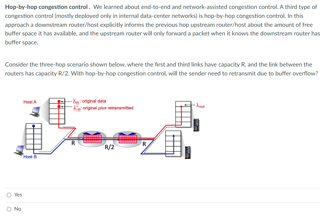 Hop-by-hop congestion control. We learned about end-to-end and network-assisted congestion control. A third type of
congestion control (mostly deployed only in internal data-center networks) is hop-by-hop congestion control. In this
approach a downstream router/host explicitly informs the previous hop upstream router/host about the amount of free
buffer space it has available, and the upstream router will only forward a packet when it knows the downstream router has
buffer space.
Consider the three-hop scenario shown below, where the first and third links have capacity R, and the link between the
routers has capacity R/2. With hop-by-hop congestion control, will the sender need to retransmit due to buffer overflow?
O Yes
O No
Host A
Host B
-in: original data
R
in original plus retransmitted
R/2
R
-λout