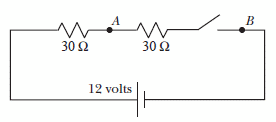 30 Ω
A
w
30 Ω
12v μ
12 volts
B