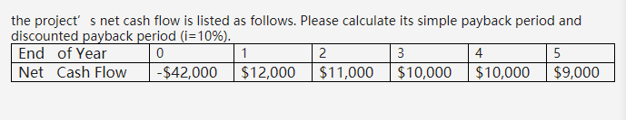 the project' s net cash flow is listed as follows. Please calculate its simple payback period and
discounted payback period (i=10%).
End of Year
1
2
3
4
5
Net Cash Flow
-$42,000
$12,000
$11,000
$10,000
$10,000
$9,000
