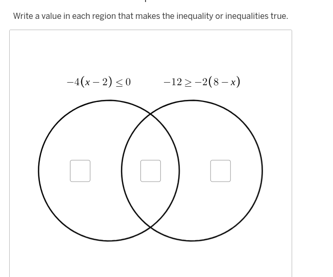 Write a value in each region that makes the inequality or inequalities true.
-4(x-2)≤0
-12-2(8-x)