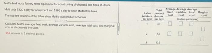 Matt's birdhouse factory rents equipment for constructing birdhouses and hires students.
Matt pays $120 a day for equipment and $160 a day to each student he hires.
The two left columns of the table show Matt's total product schedule.
Calculate Matt's average fixed cost, average variable cost, average total cost, and marginal
cost and complete the table.
>>> Answer to 2 decimal places
Total Average Average Average
Labor product fixed variable total Marginal
cost
cost
cost
cost
(workers (houses
per day)
per day)
(dollars per house)
1
40
2
3
84
132