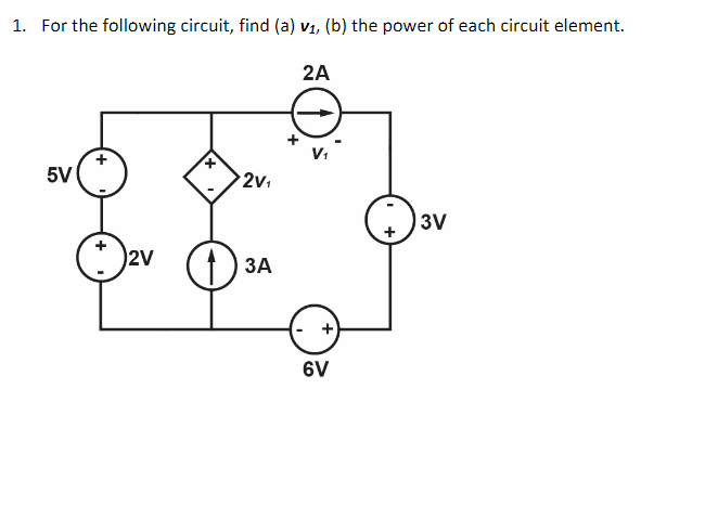 1. For the following circuit, find (a) v1, (b) the power of each circuit element.
2A
5V
2V
2v1
ЗА
6V
3V