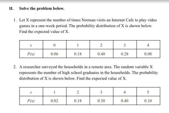 II. Solve the problem below.
1. Let X represent the number of times Norman visits an Internet Cafe to play video
games in a one-week period. The probability distribution of X is shown below.
Find the expected value of X.
3
4
P(x)
0.06
0.18
0.40
0.28
0.08
2. A researcher surveyed the housecholds in a remote area. The random variable X
represents the number of high school graduates in the households. The probability
distribution of X is shown below. Find the expected value of X.
2
3
4
5
P(x)
0.02
0.18
0.30
0.40
0.10
