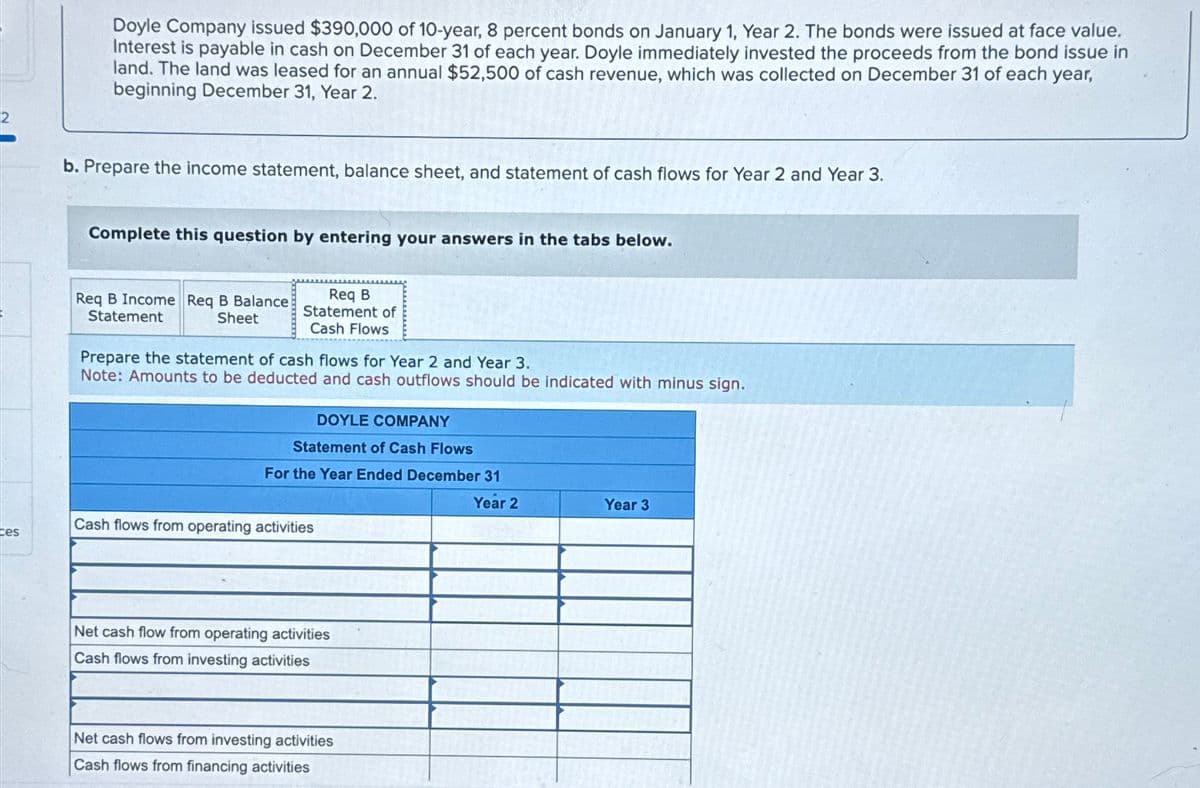 Doyle Company issued $390,000 of 10-year, 8 percent bonds on January 1, Year 2. The bonds were issued at face value.
Interest is payable in cash on December 31 of each year. Doyle immediately invested the proceeds from the bond issue in
land. The land was leased for an annual $52,500 of cash revenue, which was collected on December 31 of each year,
beginning December 31, Year 2.
b. Prepare the income statement, balance sheet, and statement of cash flows for Year 2 and Year 3.
Complete this question by entering your answers in the tabs below.
Req B Income Req B Balance
Statement
Sheet
Req B
Statement of
Cash Flows
Prepare the statement of cash flows for Year 2 and Year 3.
Note: Amounts to be deducted and cash outflows should be indicated with minus sign.
DOYLE COMPANY
Statement of Cash Flows
For the Year Ended December 31
Cash flows from operating activities
ces
Net cash flow from operating activities
Cash flows from investing activities
Net cash flows from investing activities
Cash flows from financing activities
Year 2
Year 3