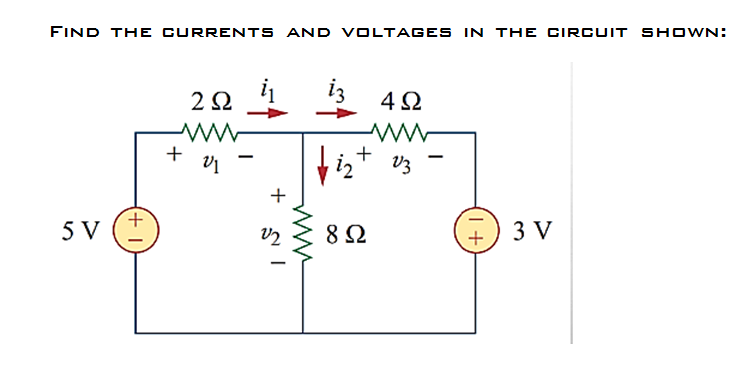 FIND THE GURRENTS AND voltages in the CiRcuiT SHOWN:
2Ω
+
+
iz v3
5 V (I
8 Ω
3 V
+
+
