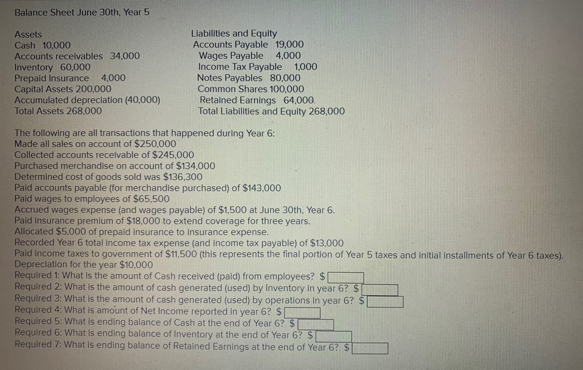 Balance Sheet June 30th, Year 5
Assets
Cash 10,000
Accounts receivables 34,000
Inventory 60,000
Prepaid Insurance 4,000
Capital Assets 200,000
Accumulated depreciation (40,000)
Total Assets 268,000
Liabilities and Equity
Accounts Payable 19,000
Wages Payable 4,000
Income Tax Payable 1,000
Notes Payables 80,000
Common Shares 100,000
Retained Earnings 64,000
Total Liabilities and Equity 268,000
The following are all transactions that happened during Year 6:
Made all sales on account of $250,000
Collected accounts receivable of $245,000
Purchased merchandise on account of $134,000
Determined cost of goods sold was $136,300
Paid accounts payable (for merchandise purchased) of $143,000
Paid wages to employees of $65,500
Accrued wages expense (and wages payable) of $1,500 at June 30th, Year 6.
Paid insurance premium of $18,000 to extend coverage for three years.
Allocated $5,000 of prepaid insurance to insurance expense.
Recorded Year 6 total income tax expense (and income tax payable) of $13,000
Paid income taxes to government of $11,500 (this represents the final portion of Year 5 taxes and initial installments of Year 6 taxes).
Depreciation for the year $10,000
Required 1: What is the amount of Cash received (paid) from employees? $
Required 2: What is the amount of cash generated (used) by Inventory in year 6? $
Required 3: What is the amount of cash generated (used) by operations in year 6? $
Required 4: What is amount of Net Income reported in year 6? $
Required 5: What is ending balance of Cash at the end of Year 6? $
Required 6: What is ending balance of Inventory at the end of Year 6? $
Required 7: What is ending balance of Retained Earnings at the end of Year 6? $