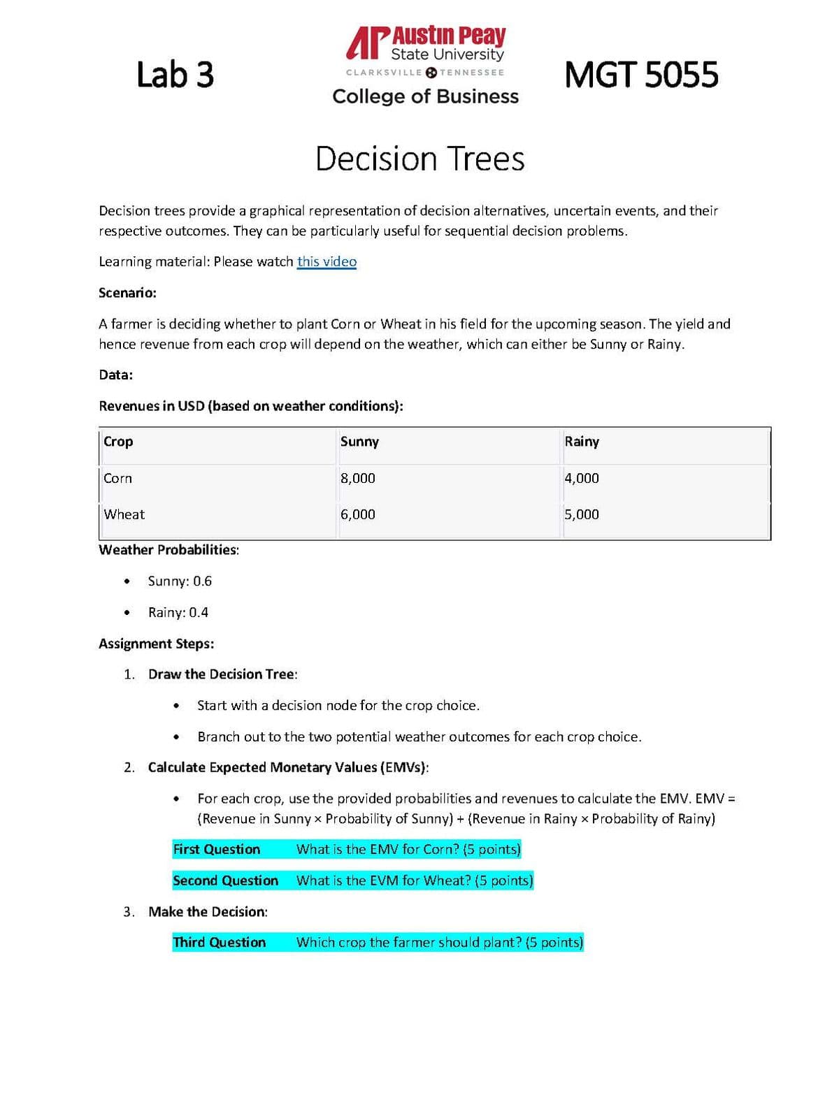 Lab 3
AP Austin Peay
State University
CLARKSVILLE TENNESSEE
College of Business
Decision Trees
MGT 5055
Decision trees provide a graphical representation of decision alternatives, uncertain events, and their
respective outcomes. They can be particularly useful for sequential decision problems.
Learning material: Please watch this video
Scenario:
A farmer is deciding whether to plant Corn or Wheat in his field for the upcoming season. The yield and
hence revenue from each crop will depend on the weather, which can either be Sunny or Rainy.
Data:
Revenues in USD (based on weather conditions):
Crop
Corn
Wheat
Weather Probabilities:
•
Sunny: 0.6
•
Rainy: 0.4
Assignment Steps:
1. Draw the Decision Tree:
Sunny
Rainy
8,000
4,000
6,000
5,000
•
Start with a decision node for the crop choice.
•
Branch out to the two potential weather outcomes for each crop choice.
2. Calculate Expected Monetary Values (EMVs):
For each crop, use the provided probabilities and revenues to calculate the EMV. EMV =
(Revenue in Sunnyx Probability of Sunny) + (Revenue in Rainy x Probability of Rainy)
First Question
Second Question
3. Make the Decision:
Third Question
What is the EMV for Corn? (5 points)
What is the EVM for Wheat? (5 points)
Which crop the farmer should plant? (5 points)