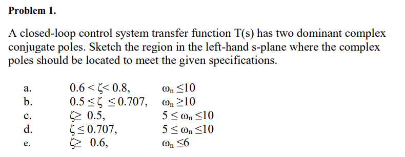 Problem 1.
A closed-loop control system transfer function T(s) has two dominant complex
conjugate poles. Sketch the region in the left-hand s-plane where the complex
poles should be located to meet the given specifications.
0.6 <<< 0.8,
0.5 <5 <0.707, on 210
2 0.5,
Š <0.707,
2 0.6,
а.
@n <10
b.
5< On <10
5< On <10
c.
d.
е.
On <6

