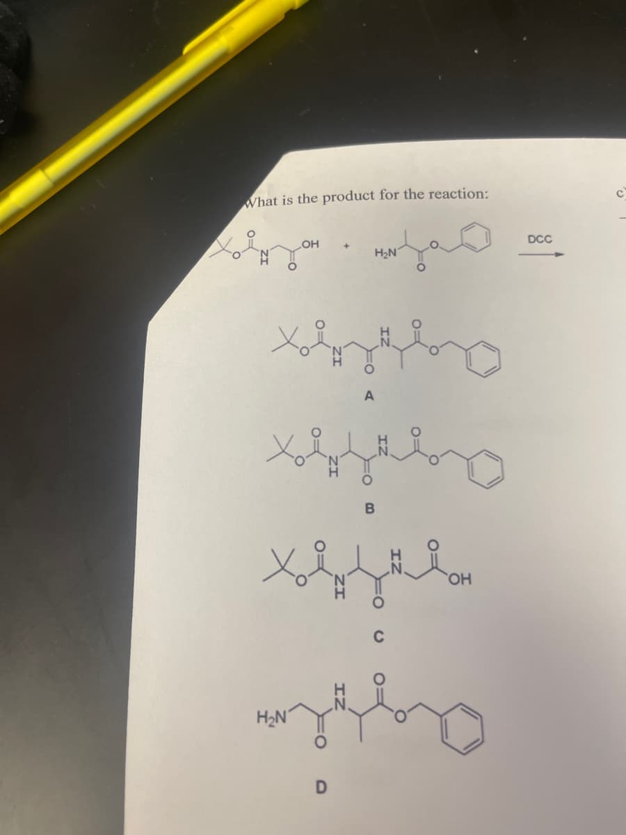 What is the product for the reaction:
OH
+
H2N
хвздво
A
B
со
назыво
H2N
D
DCC
C