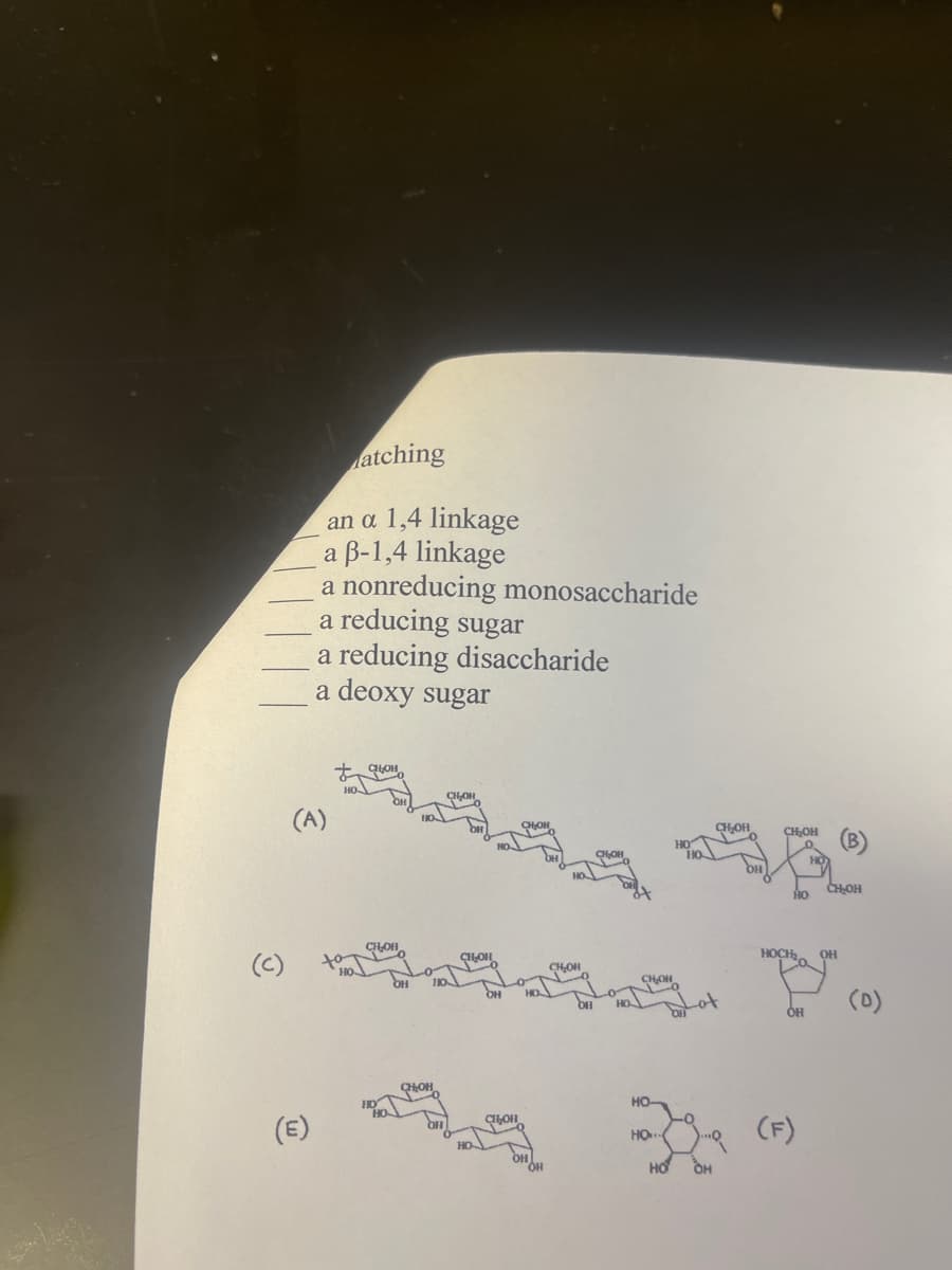 atching
an a 1,4 linkage
a ẞ-1,4 linkage
a nonreducing monosaccharide
a reducing sugar
a reducing disaccharide
a deoxy sugar
(A)
(c)
он
CH₂OH
(E)
1107
CHOH
CHOH
CH₂OH
CH₂OH
CHOH
CH₂OH
он
On
но-
OF
CHLOH
HO
Lot
HO OH
CH₂OH
HO
HOCH
OH
(F)
OH
(0)