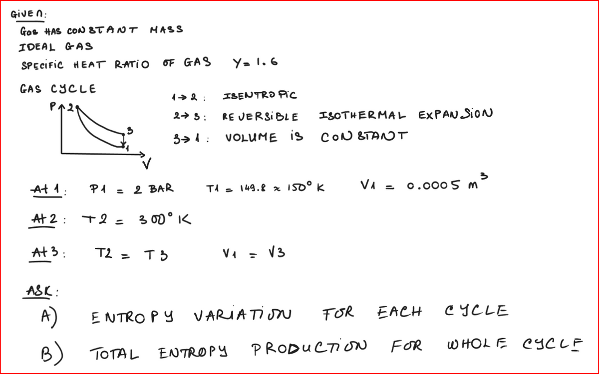 GIVEN:
Gas HAS CONSTANT MASS
IDEAL GAS
SPECIFIC HEAT RATIO OF GAS
GAS CYCLE
раз
At 1:
P1
At 3:
At 2 + 2 =
:
= 2 BAR
T2 =
12:
23:
T3
300°K
31: VOLUME is
Y = 1.6
ISENTRO Pic
REVERSIBLE ISOTHERMAL EXPANSION
CONSTANT
T1 = 149.8 x 150⁰ K
V₁ = √3
ASK:
A)
ENTROPY
B) TOTAL ENTROPY
VARIATION
FOR
V₁ = 0.0005 m
m³
PRODUCTION
EACH
FOR
CYCLE
WHOLE CY C L F