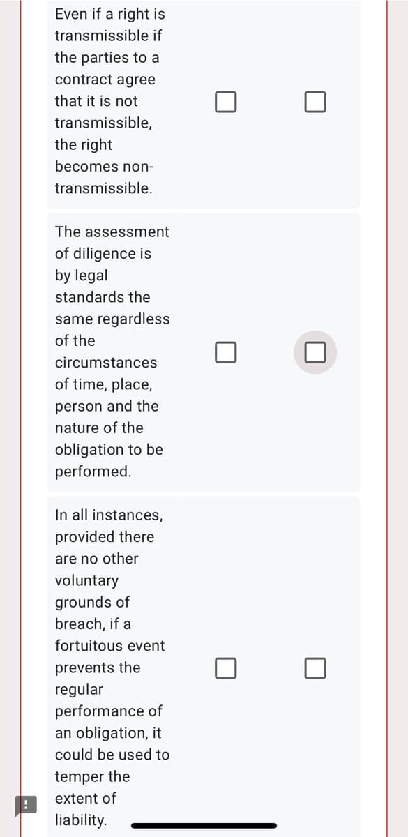 Even if a right is
transmissible if
the parties to a
contract agree
that it is not
transmissible,
the right
becomes non-
transmissible.
The assessment
of diligence is
by legal
standards the
same regardless
of the
circumstances
of time, place,
person and the
nature of the
obligation to be
performed.
In all instances,
provided there
are no other
voluntary
grounds of
breach, if a
fortuitous event
prevents the
regular
performance of
an obligation, it
could be used to
temper the
extent of
liability.
