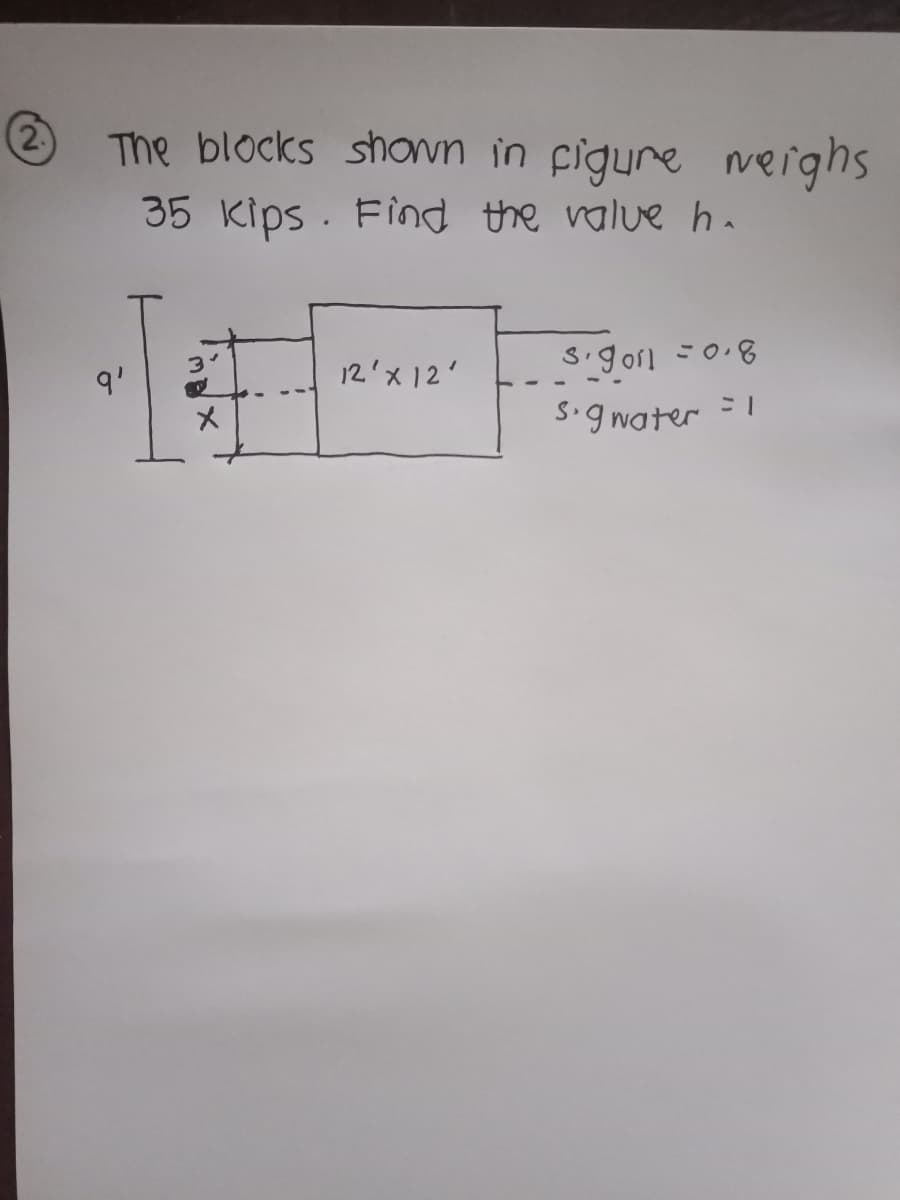 The blocks shown in figure veighs
35 Kips. Find the value h.
12'x 12'
sigorn =0.8
S.g water =1
