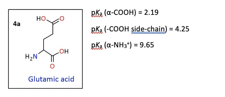 4a
HO.
OH
H₂N
Glutamic acid
pką (a-COOH) = 2.19
pką (-COOH side-chain) = 4.25
pKa (a-NH3+) = 9.65