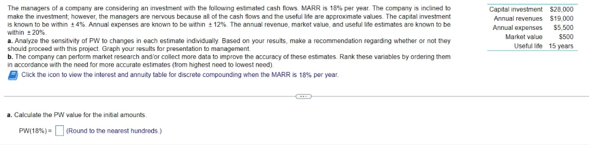 The managers of a company are considering an investment with the following estimated cash flows. MARR is 18% per year. The company is inclined to
make the investment; however, the managers are nervous because all of the cash flows and the useful life are approximate values. The capital investment
is known to be within ± 4%. Annual expenses are known to be within ±12%. The annual revenue, market value, and useful life estimates are known to be
within ±20%.
a. Analyze the sensitivity of PW to changes in each estimate individually. Based on your results, make a recommendation regarding whether or not they
should proceed with this project. Graph your results for presentation to management.
b. The company can perform market research and/or collect more data to improve the accuracy of these estimates. Rank these variables by ordering them
in accordance with the need for more accurate estimates (from highest need to lowest need).
Click the icon to view the interest and annuity table for discrete compounding when the MARR is 18% per year.
a. Calculate the PW value for the initial amounts.
PW(18%) =
(Round to the nearest hundreds.)
C₂₂
Capital investment $28,000
Annual revenues $19,000
Annual expenses
$5,500
Market value $500
Useful life 15 years