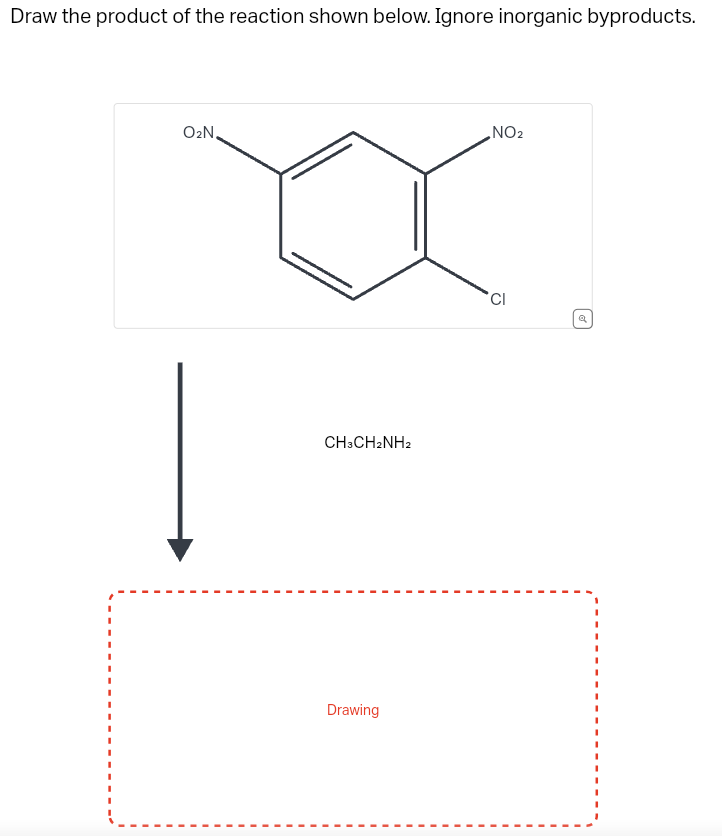 Draw the product of the reaction shown below. Ignore inorganic byproducts.
O₂N.
CH3CH2NH2
Drawing
NO₂
CI
a