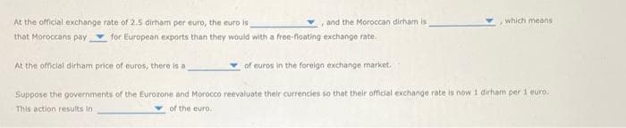 At the official exchange rate of 2.5 dirham per euro, the euro is
and the Moroccan dirham is
that Moroccans pay for European exports than they would with a free-floating exchange rate.
At the official dirham price of euros, there is a
of euros in the foreign exchange market.
which means
Suppose the governments of the Eurozone and Morocco reevaluate their currencies so that their official exchange rate is now 1 dirham per 1 euro.
This action results in
of the euro.