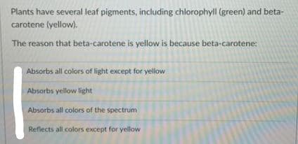 Plants have several leaf pigments, including chlorophyll (green) and beta-
carotene (yellow).
The reason that beta-carotene is yellow is because beta-carotene:
Absorbs all colors of light except for yellow
Absorbs yellow light
Absorbs all colors of the spectrum
Reflects all colors except for yellow
