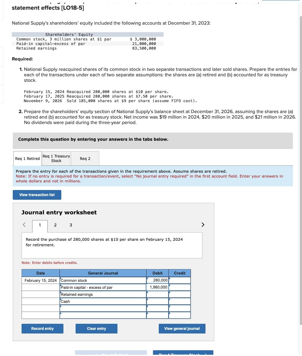 statement effects (LO18-5]
National Supply's shareholders' equity included the following accounts at December 31, 2023:
Shareholders' Equity
Common stock, 3 million shares at $1 par
Paid-in capital-excess of par
Retained earnings
Required:
$ 3,000,000
21,000,000
83,500,000
1. National Supply reacquired shares of its common stock in two separate transactions and later sold shares. Prepare the entries for
each of the transactions under each of two separate assumptions: the shares are (a) retired and (b) accounted for as treasury
stock.
February 15, 2024 Reacquired 280,000 shares at $10 per share.
February 17, 2025 Reacquired 280,000 shares at $7.50 per share.
November 9, 2026 Sold 185,000 shares at $9 per share (assume FIFO cost).
2. Prepare the shareholders' equity section of National Supply's balance sheet at December 31, 2026, assuming the shares are (a)
retired and (b) accounted for as treasury stock. Net income was $19 million in 2024, $20 million in 2025, and $21 million in 2026.
No dividends were paid during the three-year period.
Complete this question by entering your answers in the tabs below.
Req 1 Retired
Req 1 Treasury
Stock
Req 2
Prepare the entry for each of the transactions given in the requirement above. Assume shares are retired.
Note: If no entry is required for a transaction/event, select "No journal entry required" in the first account field. Enter your answers in
whole dollars and not in millions.
View transaction list
Journal entry worksheet
1
2
3
Record the purchase of 280,000 shares at $10 per share on February 15, 2024
for retirement.
Note: Enter debits before credits.
Date
General Journal
Debit
Credit
February 15, 2024 Common stock
Paid-in capital - excess of par
Retained earnings
280,000
1,960,000
Cash
Record entry
Clear entry
View general journal