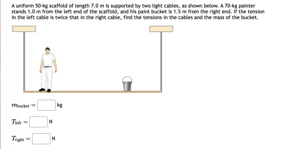 A uniform 50-kg scaffold of length 7.0 m is supported by two light cables, as shown below. A 70-kg painter
stands 1.0 m from the left end of the scaffold, and his paint bucket is 1.5 m from the right end. If the tension
in the left cable is twice that in the right cable, find the tensions in the cables and the mass of the bucket.
mbucket =
Tieft
-
Tright
N
N
kg