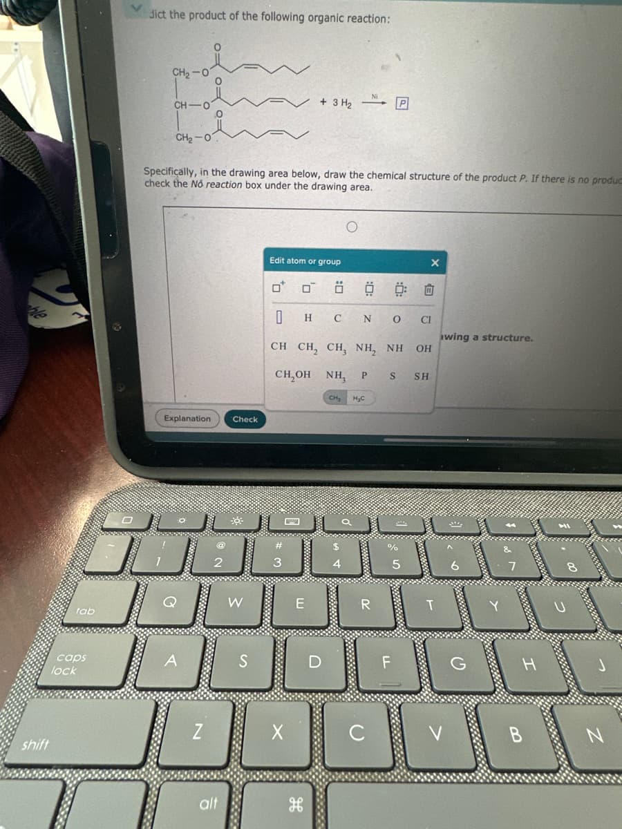 Jict the product of the following organic reaction:
CH2-07
CH-O
+ 3H2
P
CH₂-0
Specifically, in the drawing area below, draw the chemical structure of the product P. If there is no produc
check the No reaction box under the drawing area.
Edit atom or group
ם'
:0:
:
:Ö:
0
H C N 0 CI
CH CH, CH, NH, NH OH
wing a structure.
CH,OH NH, P
S
SH
CH₂ H₂C
Explanation
Check
tab
2
3
caps
lock
A
shift
W
E
R
S
Z
alt
5
6
7
8
D
F
H
T
(
2
V
B
N