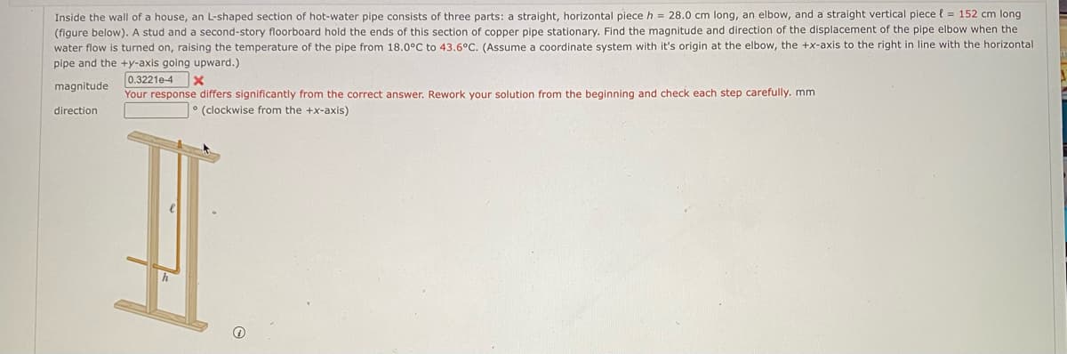 Inside the wall of a house, an L-shaped section of hot-water pipe consists of three parts: a straight, horizontal piece h = 28.0 cm long, an elbow, and a straight vertical piece { = 152 cm long
(figure below). A stud and a second-story floorboard hold the ends of this section of copper pipe stationary. Find the magnitude and direction of the displacement of the pipe elbow when the
turned on, raising the temperature of the pipe from 18.0°C to 43.6°C. (Assume a coordinate system with it's origin at the elbow, the +x-axis to the right in line with the horizontal
water flow
pipe and the +y-axis going upward.)
0.3221e-4
Your response differs significantly from the correct answer. Rework your solution from the beginning and check each step carefully. mm
magnitude
direction
° (clockwise from the +x-axis)
