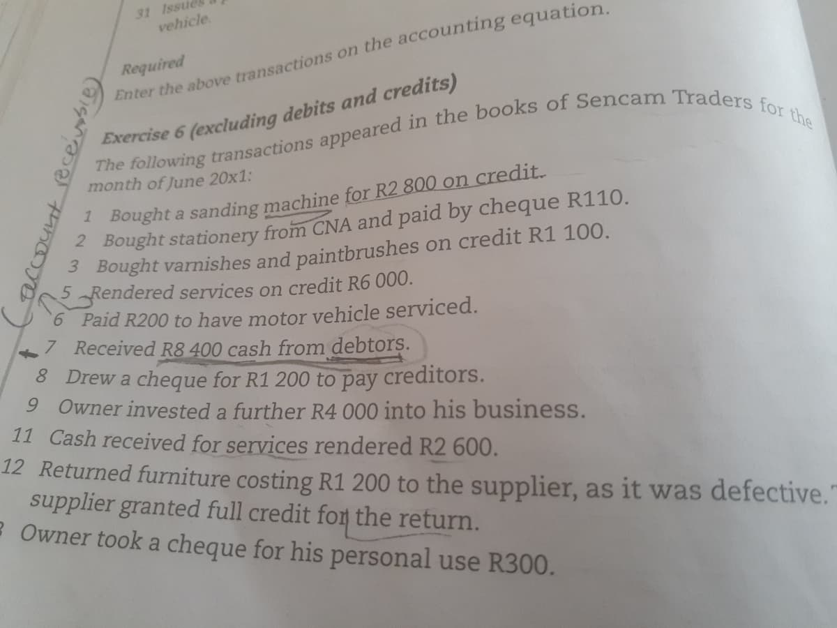 31 Issu
vehicle.
Required
Enter the above transactions on the accounting equation.
Exercise 6 (excluding debits and credits)
month of June 20x1:
Bought a sanding machine for R2 800 on credit.
2 Bought stationery from CNA and paid by cheque R110.
3 Bought varishes and paintbrushes on credit R1 100.
5Rendered services on credit R6 000.
6 Paid R200 to have motor vehicle serviced.
7 Received R8 400 cash from debtors.
8 Drew a cheque for R1 200 to pay
9 Owner invested a further R4 000 into his business.
11 Cash received for services rendered R2 600.
12 Returned furniture costing R1 200 to the supplier, as it was defective."
supplier granted full credit for the return.
R Owner took a cheque for his personal use R300.
creditors.

